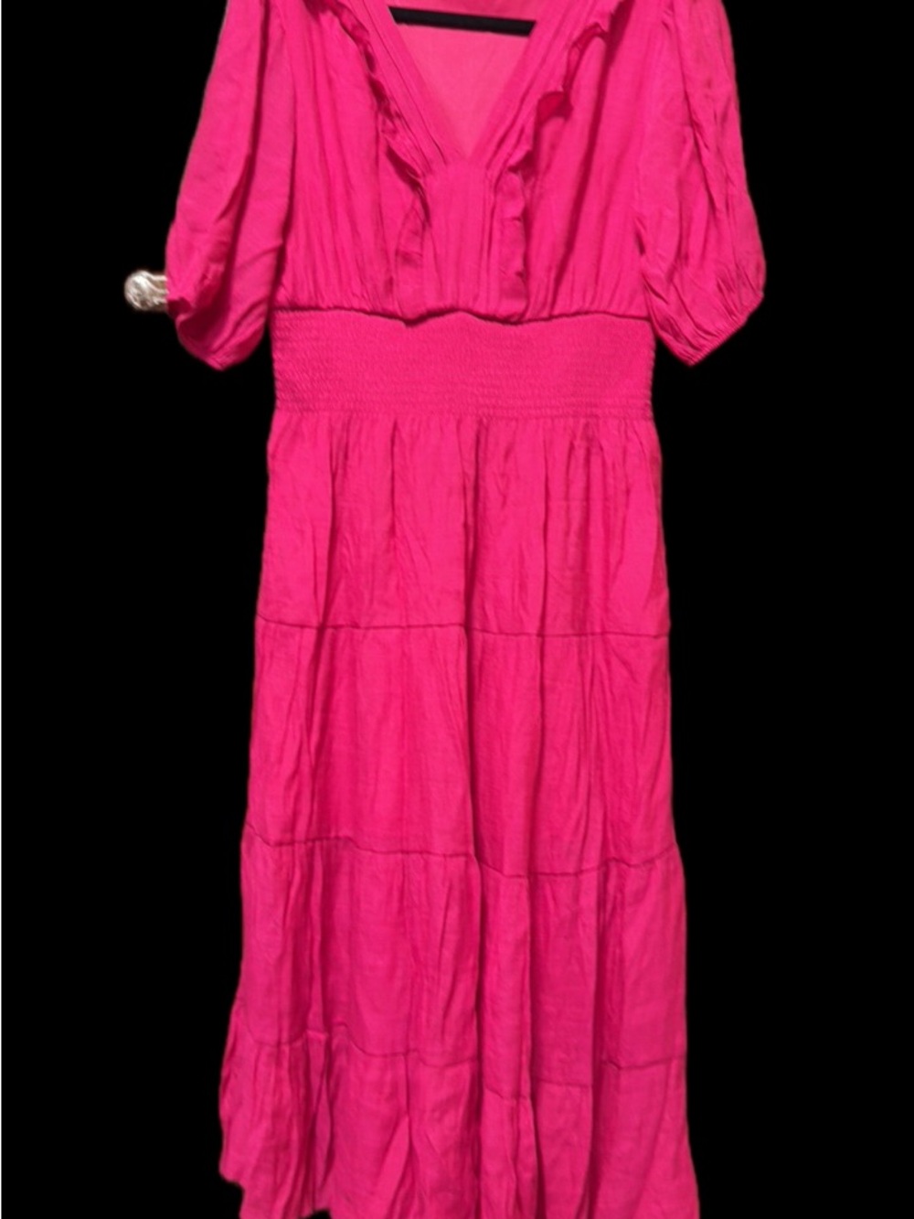 Feminine Hot Pink Midi Dress with Smocked Waist and Puff Sleeves